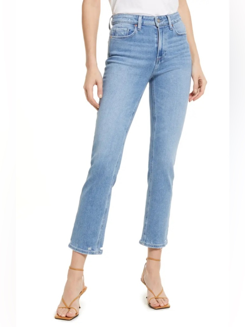 Paige Cindy Straight Leg Denim Jeans Lovesong Distressed Hem Blue Light Wash 28